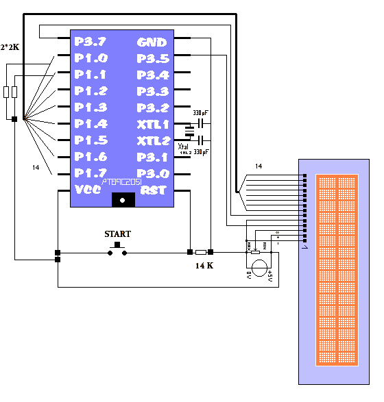 Schéma: Jednoduché prepojenie mikropočítača AT89C2051 s LCD