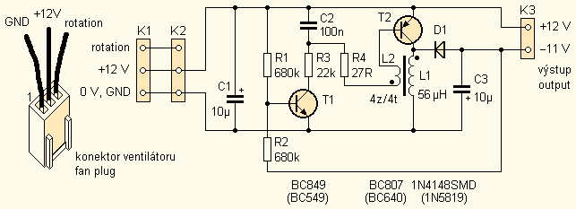 Schéma: Jednoduchý invertujúci menič +12V -11V