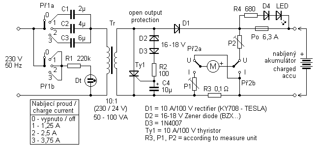 Schéma: Kondenzátorová nabíjačka olovených akumulátor