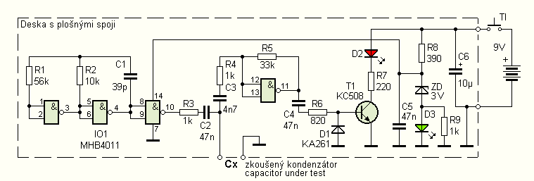 Schéma: Tester elektrolytických kondenzátorov