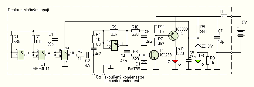 Schéma: Tester elektrolytických kondenzátorov